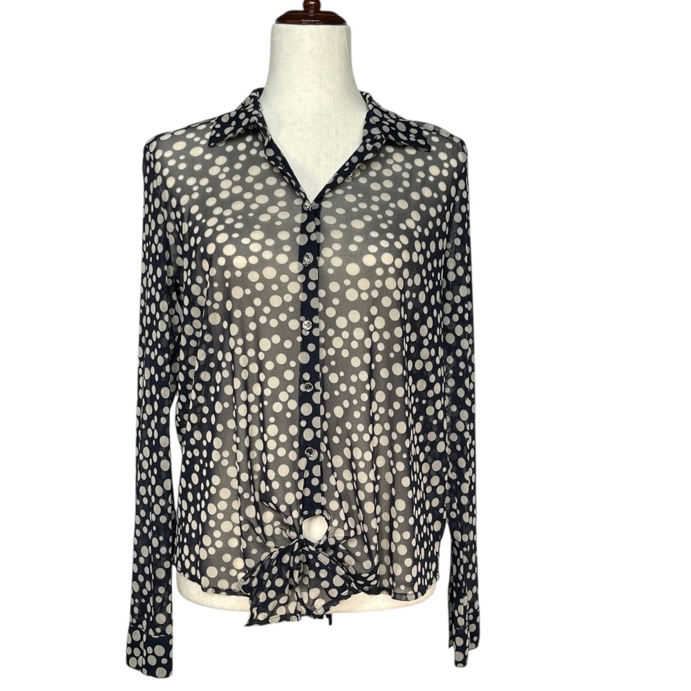 INC International Concepts Womens Navy Polka Dot Sheer Mesh Tie Front Blouse M
